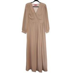 Zora Womens Maxi Dress Size L/XL Beige V-Neck Long Sleeve Pleated Lined